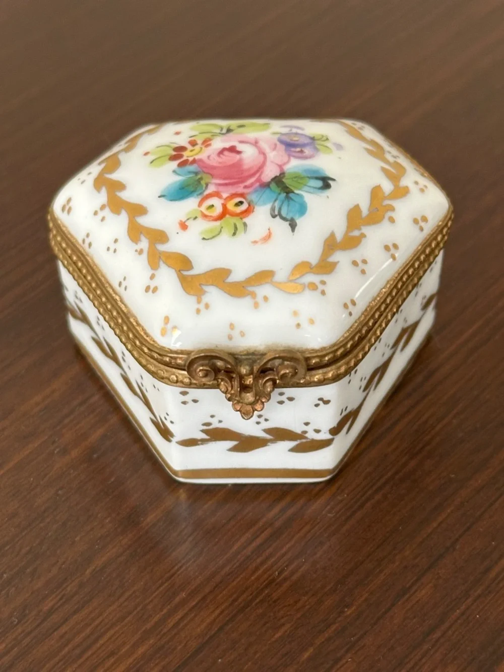 VTG Limoges France Porcelain Hexagon Trinket Box Hand Painted Floral Gold